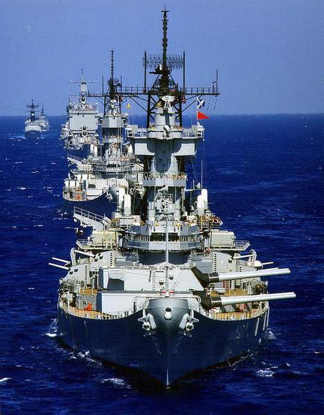 USS New Jersey [BB-62) leading USS Missouri [BB-63)