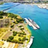 Aerial view of the USS Arizona Memorial and USS Missouri