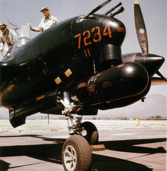 A great view of the radar pod of the P-38 M “Night Lightning” version. Modified from a P-38 L frame, the night fighter variant P-38 contained the radar pod with a radar operator passenger.