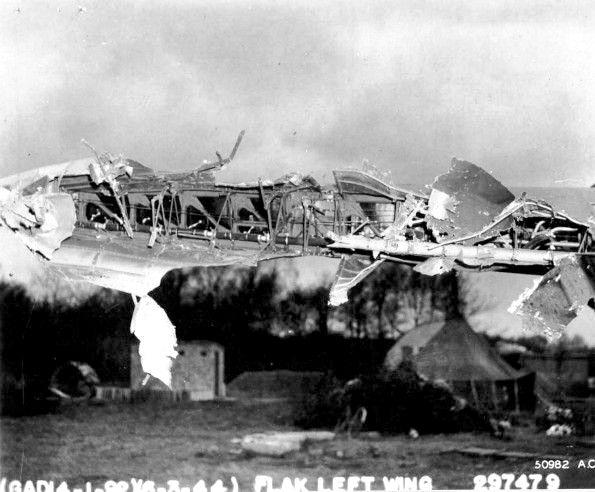 Damaged on the 6 March 1944 mission to bomb the ball-bearing plant at Erkner, in the outskirts of Berlin. This aircraft was repaired and went back into service.