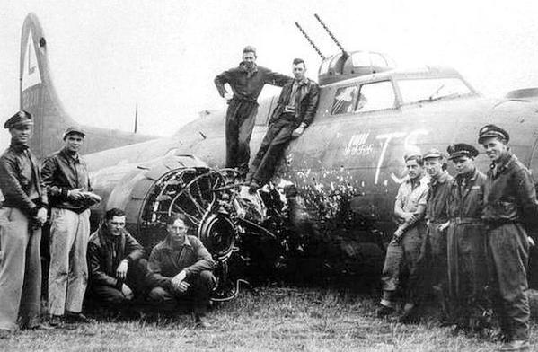 B-17 damaged in collision with Fw190 in head-on attack