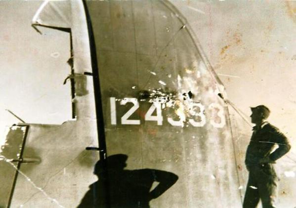 B-17 Eager Beaver Tail Damage [C. 1942). Serial No. 124393 full of holes.