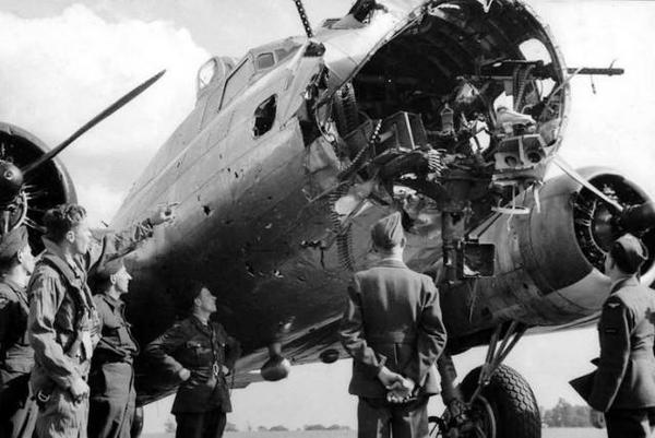 B-17 from the 379th Bomb Group with most of the nose missing 