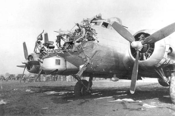 B-17G 43-38172 of the 8th AF 398th BG 601st BS which was damaged on a bombing mission over Cologne, Germany, on 15 October 1944; the bombardier was killed