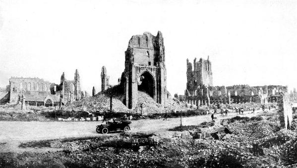 Center is the cathedral tower. Right, the Cloth Hall